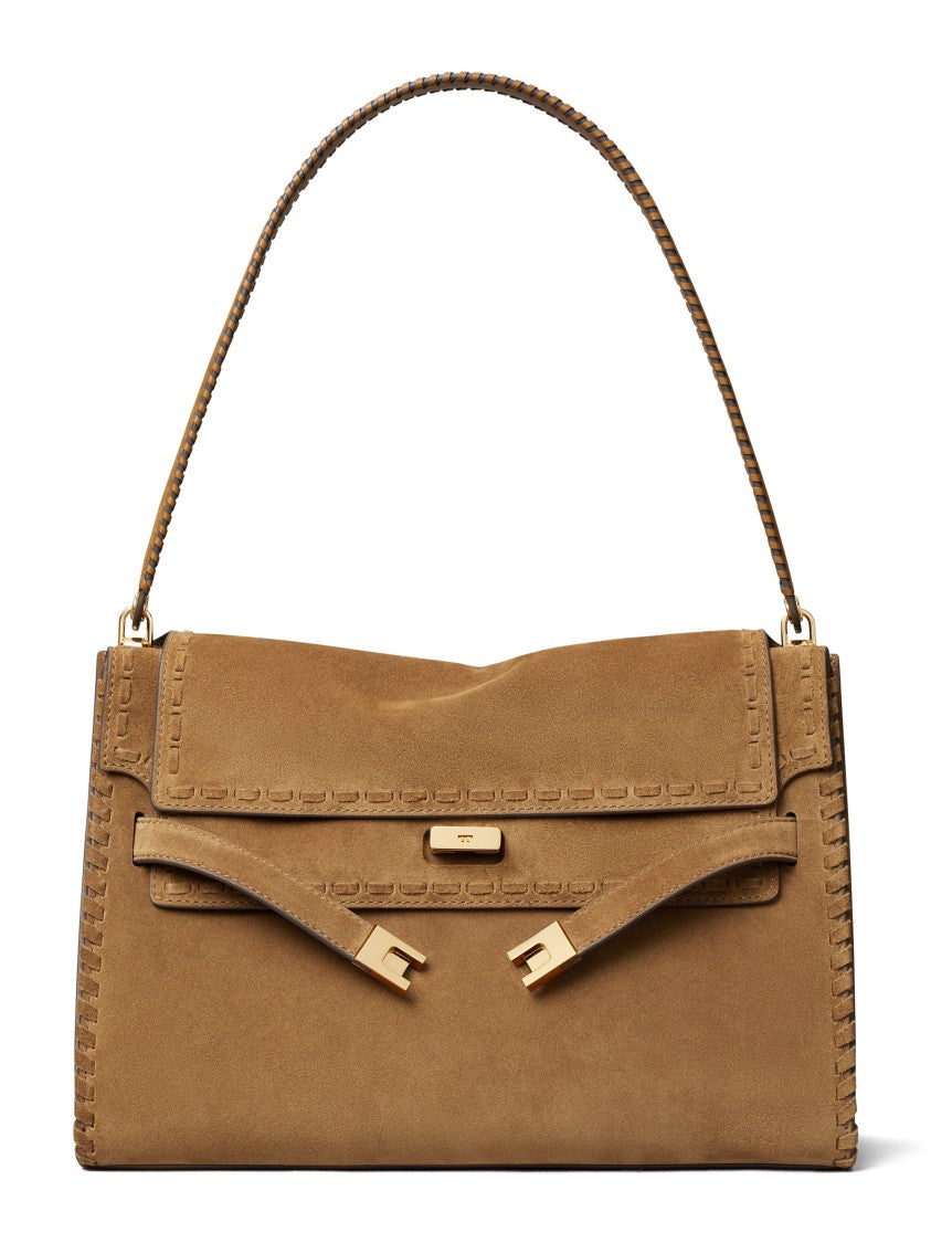 Tory Burch Structured Brown Suede Large Shoulder Bag