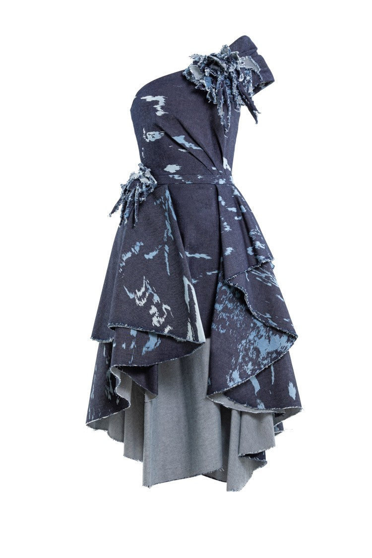 Saiid Kobeisy One-Shoulder Printed Denim Short Dress