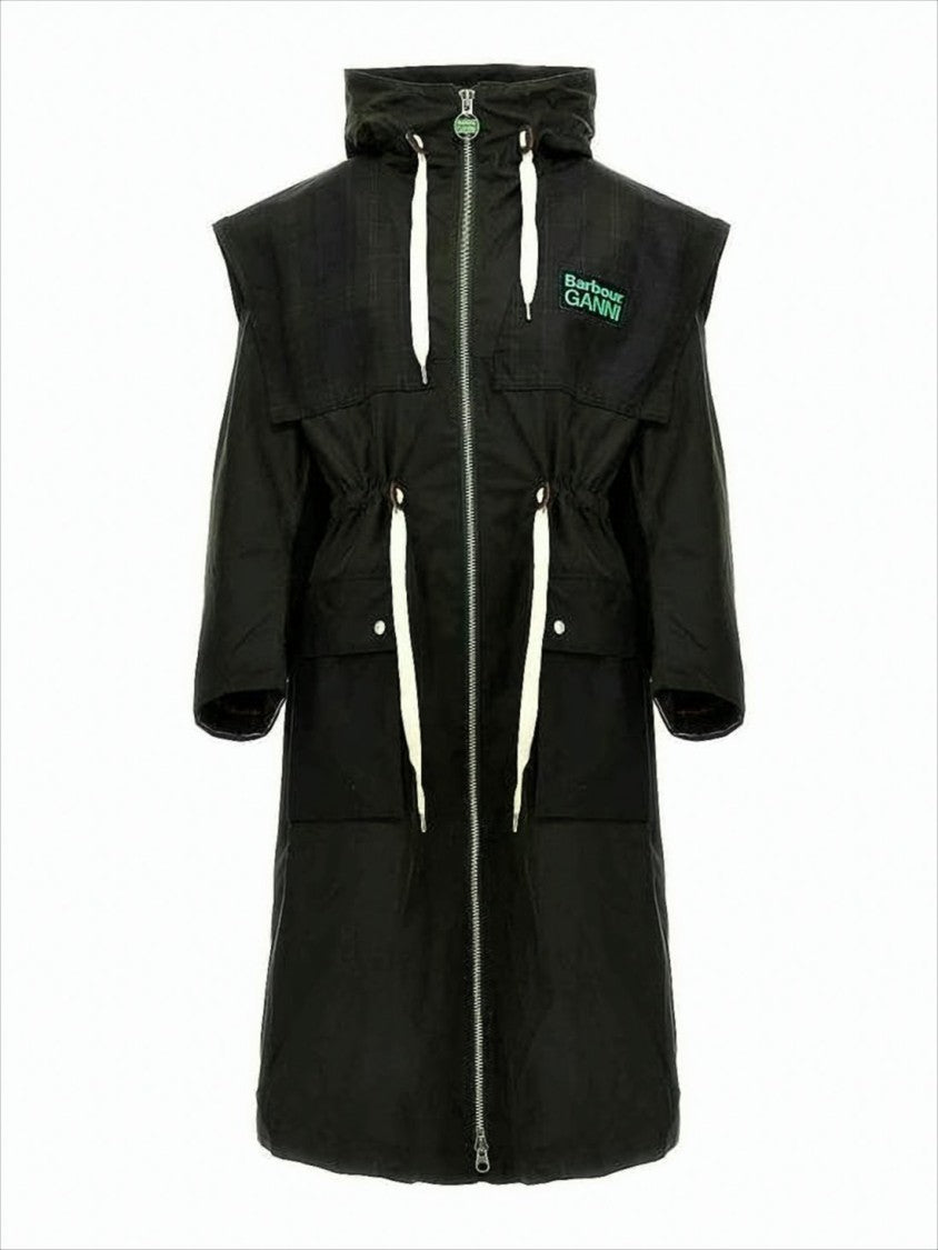 Barbour Long Black Coat With High Collar And Embroidered Branding