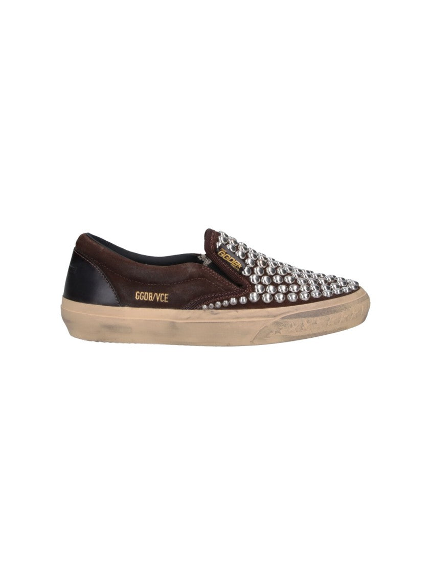 Golden Goose Slip-On Brown Suede Sneakers With Silver-Tone Studs