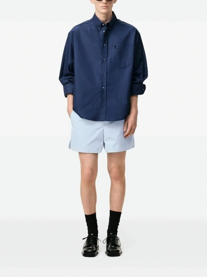 Ami Paris Light Blue And White Vertical Stripe Shorts