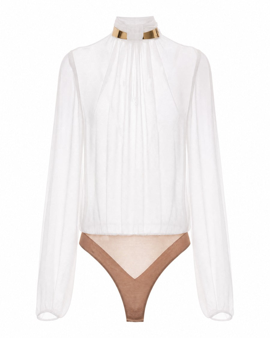 Elisabetta Franchi Ivory Georgette Bodysuit With Statement Jewel Detail