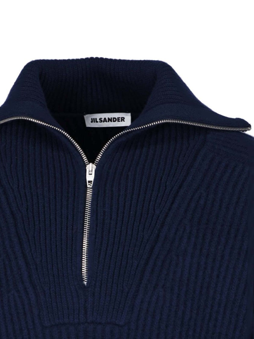 Jil Sander Half-Zip Ribbed Knit Sweater With Wide Collar