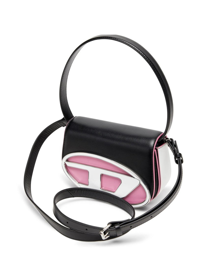 Diesel Rectangular Black Shoulder Bag With Silver Emblem And Pink Accents