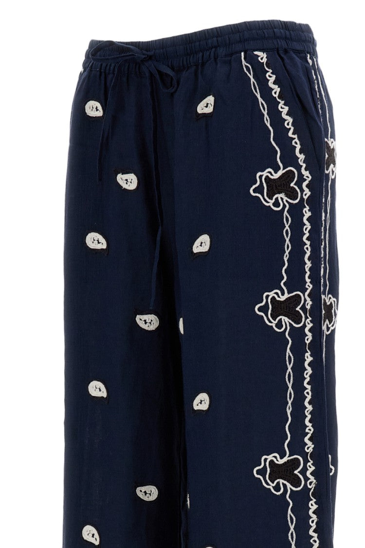 Parosh Embroidered Wide-Leg Linen Trousers With Adjustable Waistband