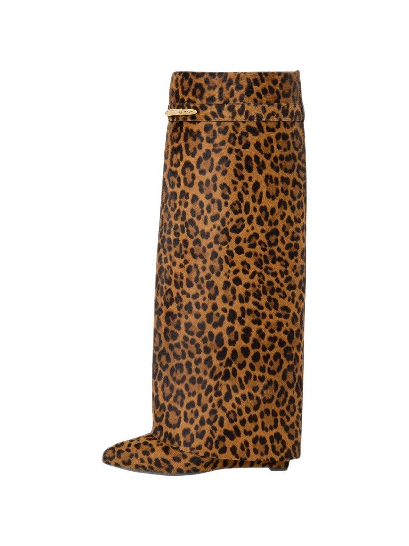 Givenchy Black Leopard Print Foldover Wedge Pony Hair Boots