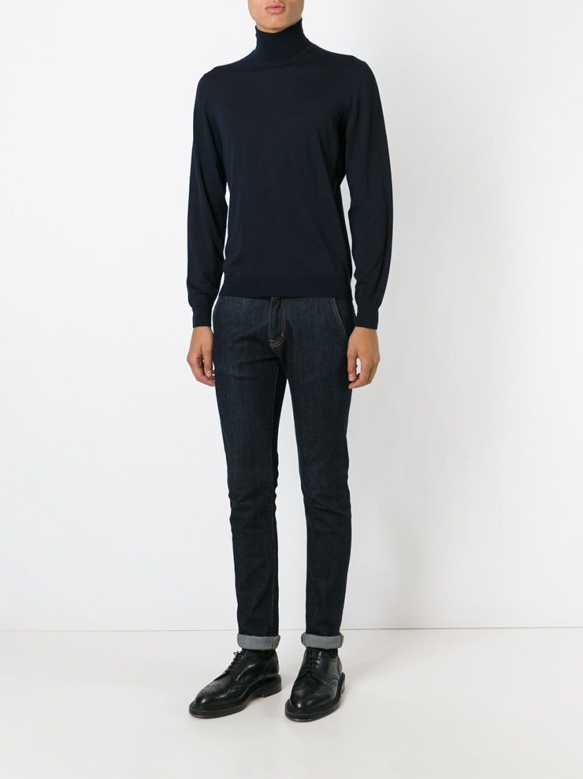 Drumohr Blue Fitted High Turtleneck Wool Sweater