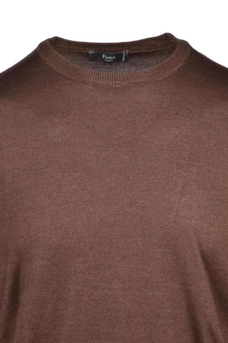 Fama Brown Crew Neck Wool Silk Men Jumper