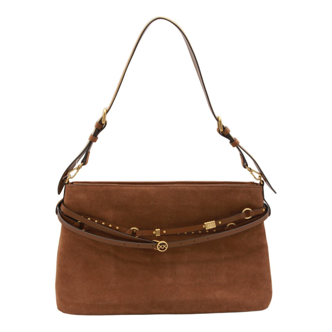 Pinko Medium Suede Handbag With Decorative Strap And Gold Accents