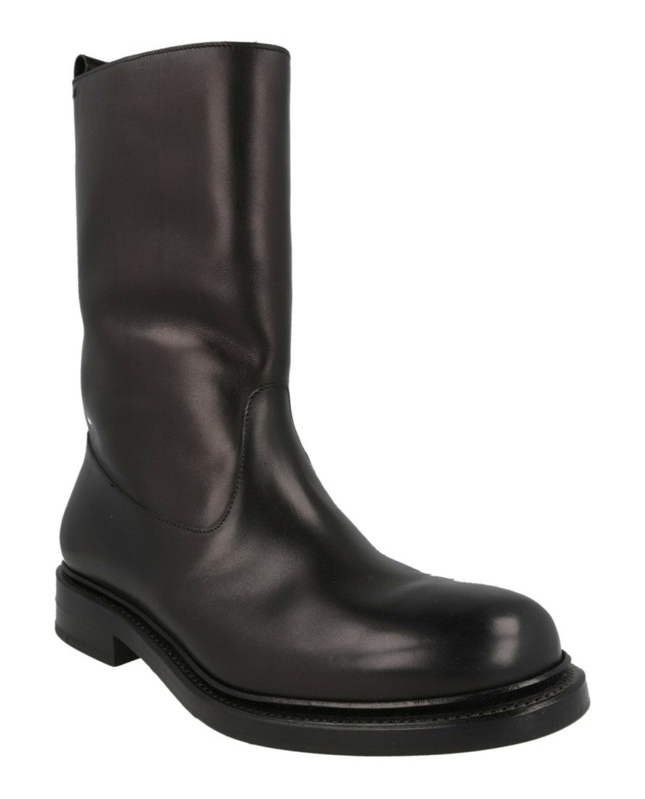 Brioni Mid-Calf Leather Boots With Faux Fur Lining And Stacked Heel