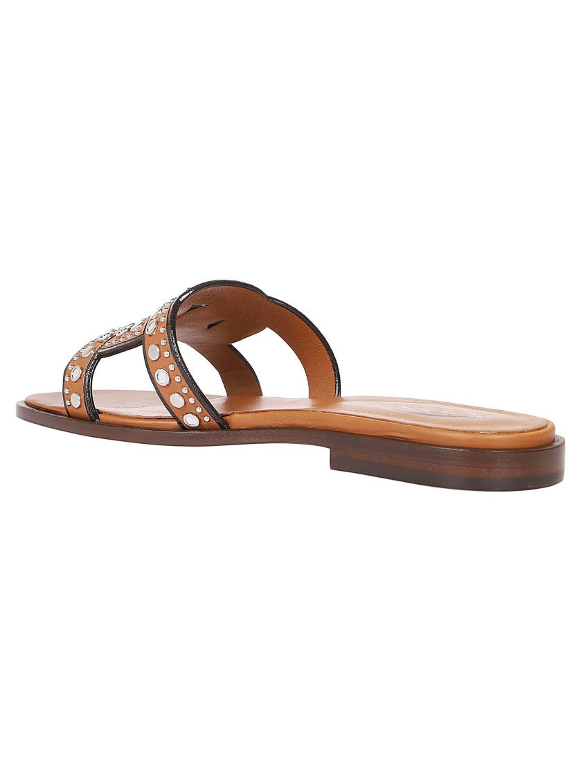 Tod's Brown Leather Sandals With Decorative Studs