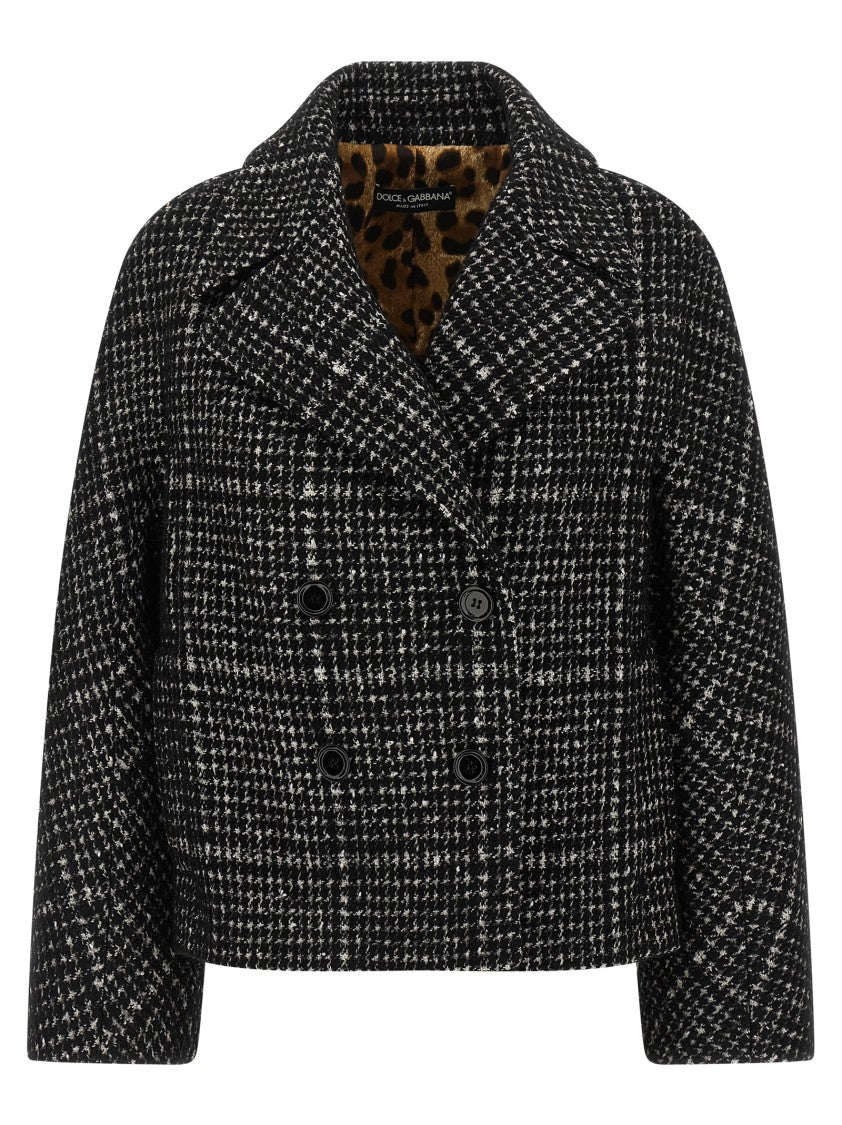 Dolce & Gabbana Textured Houndstooth Short Coat With Animal Print Lining