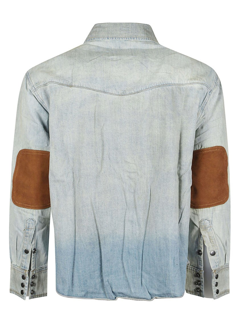 Found Western Faded Gradient Denim Suede Patches Casual Shirt