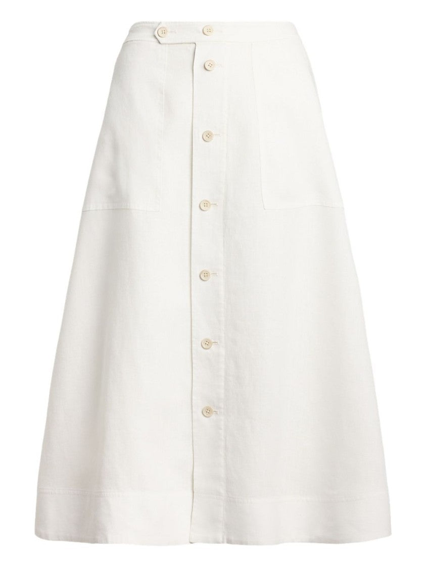 Polo Ralph Lauren Button Front Off-White Linen Maxi Skirt With Waist Tab Detail