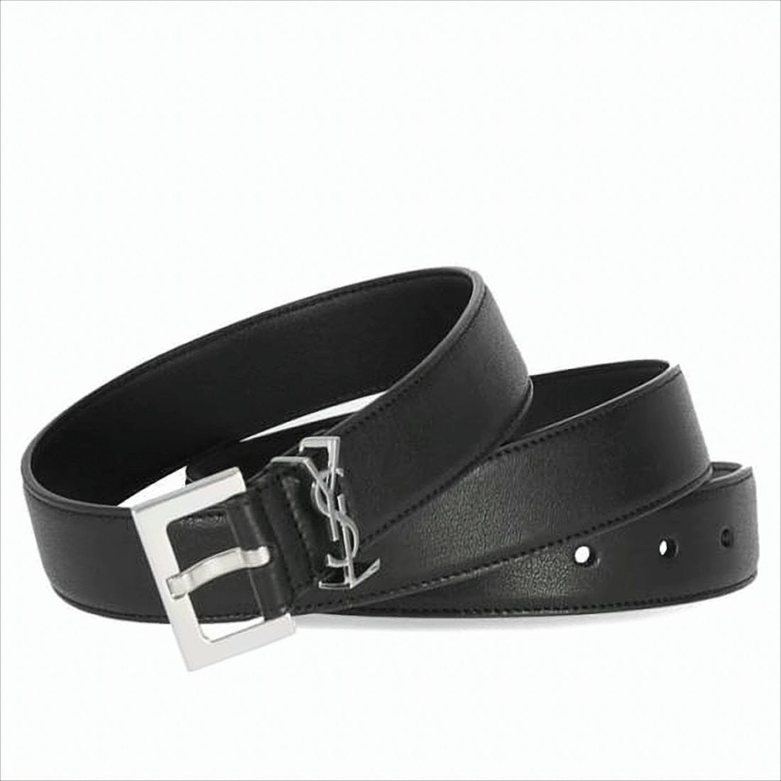 Saint Laurent Black Lambskin Belt With Polished Silver Buckle