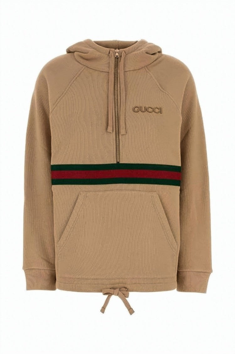 Gucci Half-Zip Brown Hoodie With Iconic Stripe And Embroidered Branding