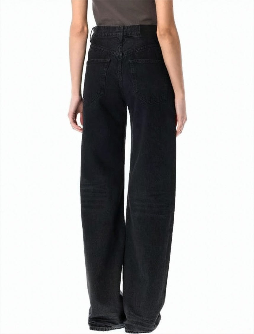 Saint Laurent High-Waisted Wide-Leg Denim Pants With Copper Rivets