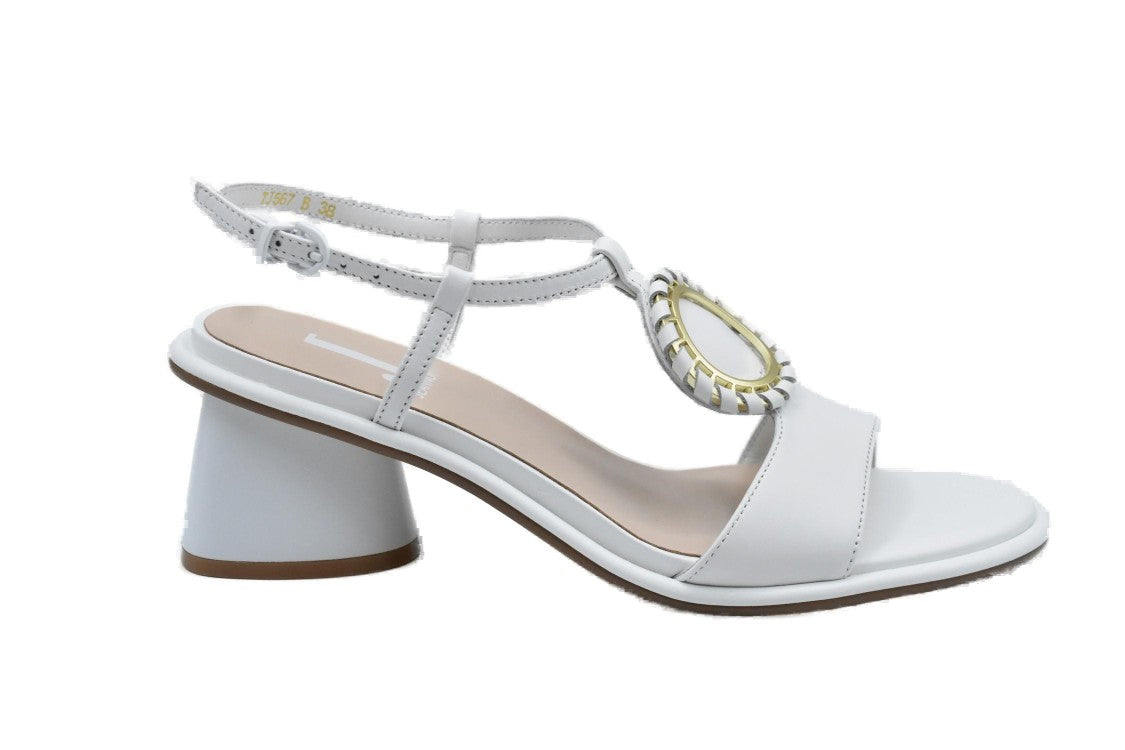 Jeannot Low-Heeled White Sandals With Ankle Strap And Decorative Element