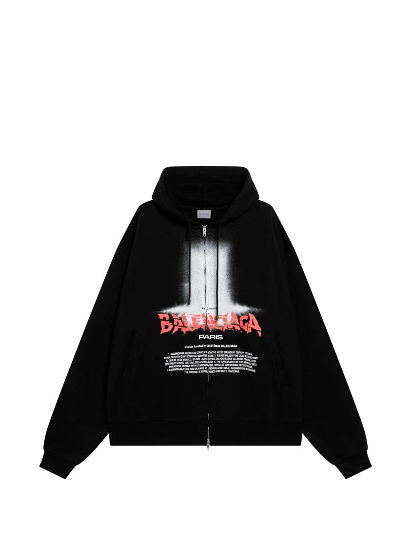 Balenciaga Relaxed Fit Black Oversized Zip-Up Hoodie With Bold Graphic Print