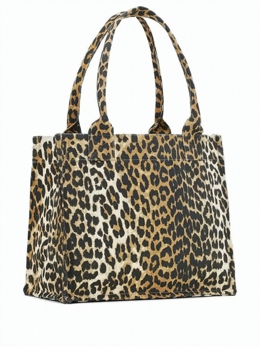 Ganni Leopard Print Cotton Tote Bag With Iconic Logo