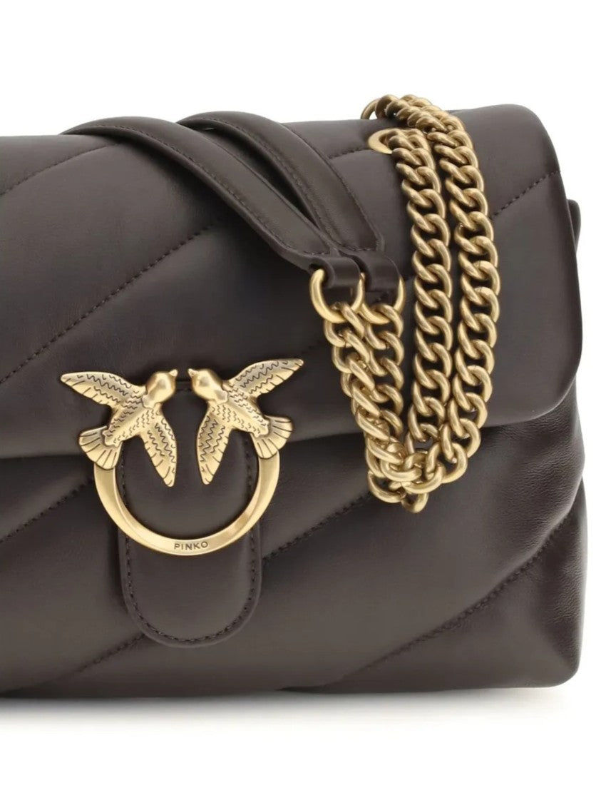 Pinko Quilted Brown Leather Shoulder Bag With Gold-Tone Bird Clasp