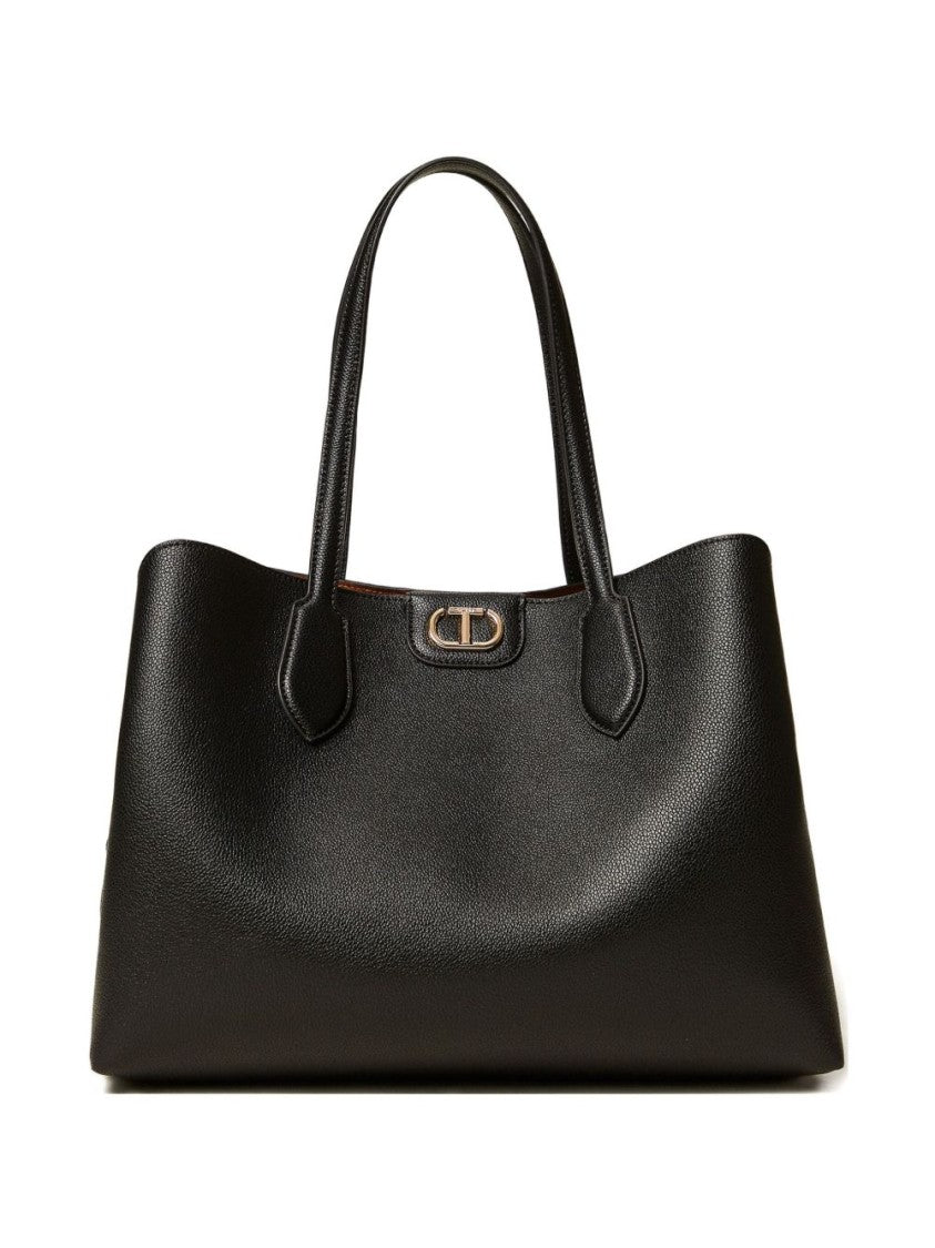 Twin-Set Structured Black Tote Bag With Textured Exterior And Interior