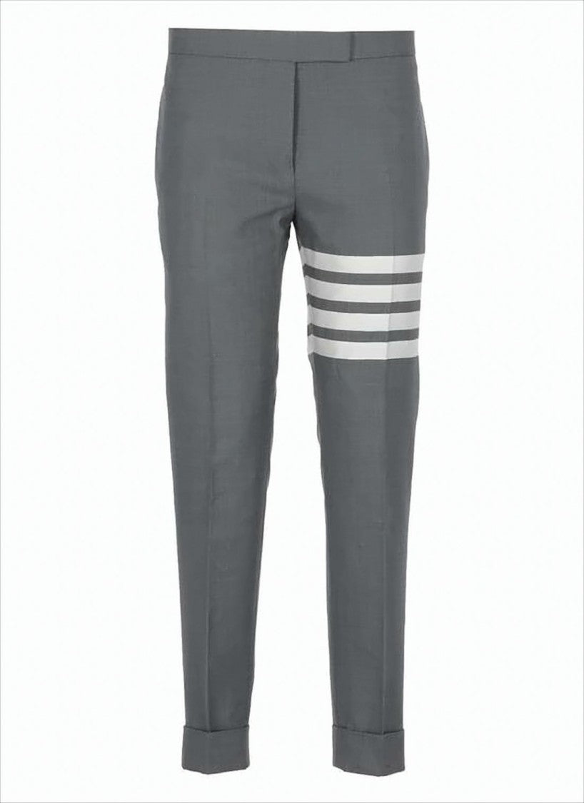 Thom Browne Tailored Grey Wool Straight Pants With Signature Stripe Detail
