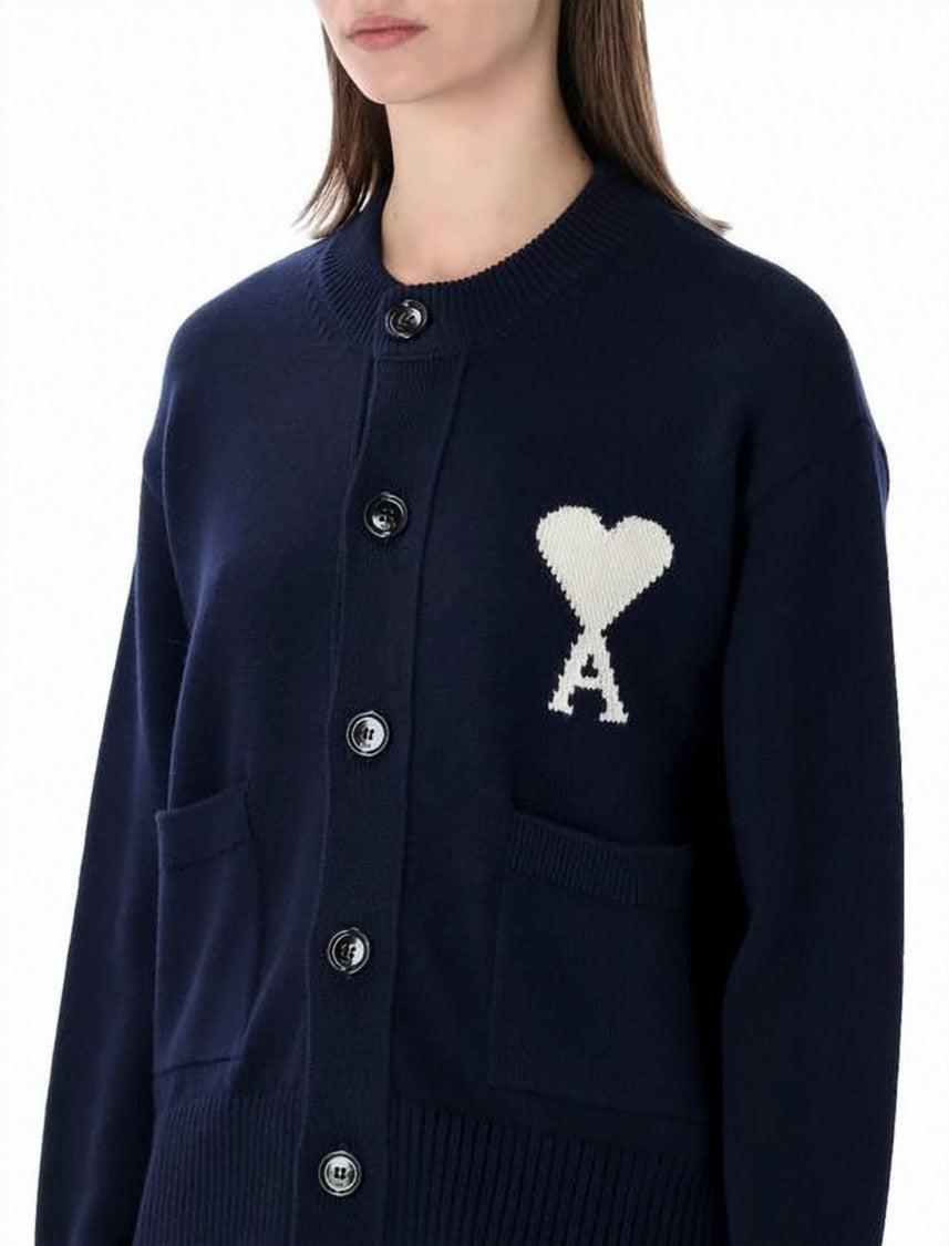Ami Paris Crew Neck Blue Knit Cardigan