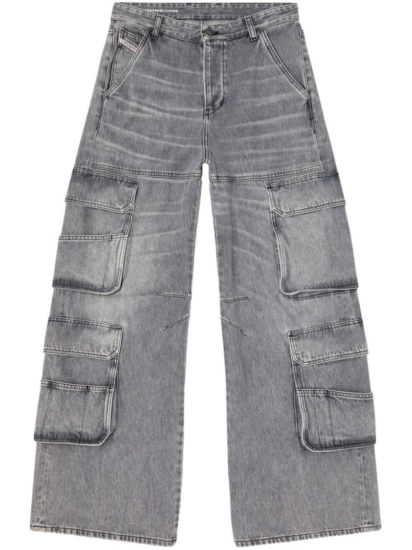 Diesel High-Waist Wide-Leg Denim Jeans With Cargo Pockets