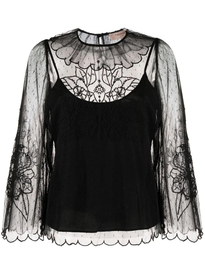 Twin-Set Embroidered Sleeve Blouse With Fitted Inner Layer