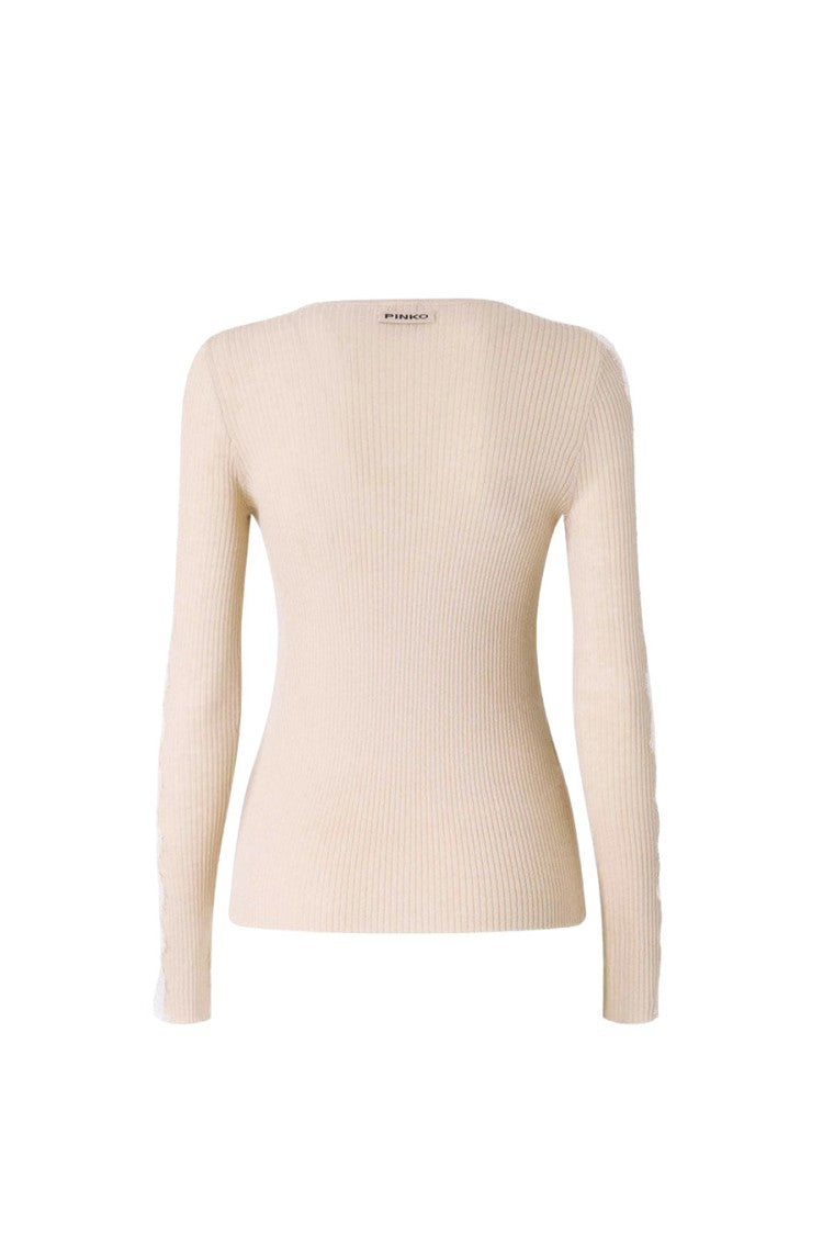 Pinko Beige Wool-Cashmere Blend Ribbed Crew-Neck Sweater