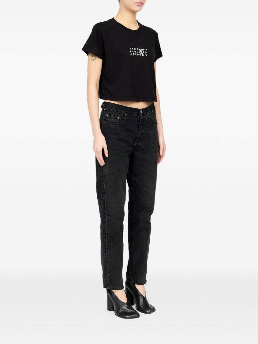 Mm6 By Maison Margiela Black Cropped Graphic Print T-Shirt