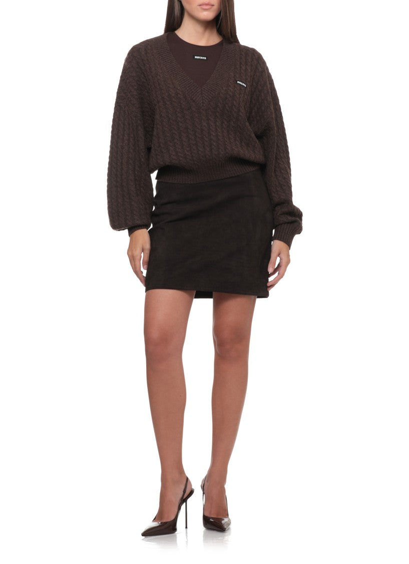 Rotate Cropped V-Neck Sweater With Textured Braid Pattern