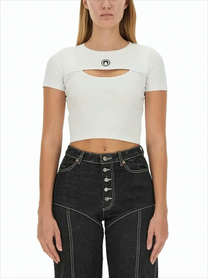 Marine Serre Fitted White Crop Top With Unique Cut-Out Detail