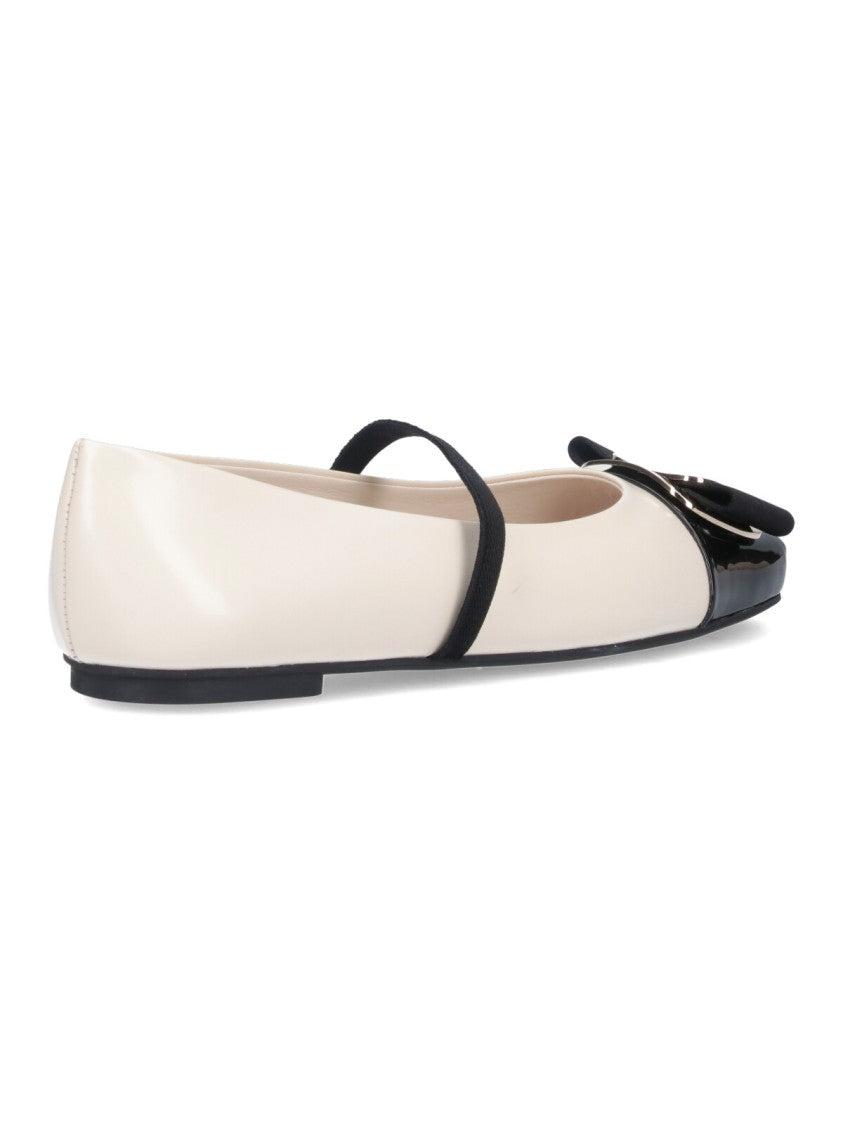 Ferragamo Cream Flat Shoes With Glossy Black Toe Cap