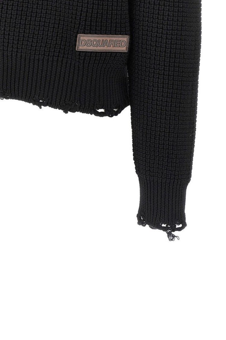 Dsquared2 Black Wool Waffle-Knit Distressed Sweater