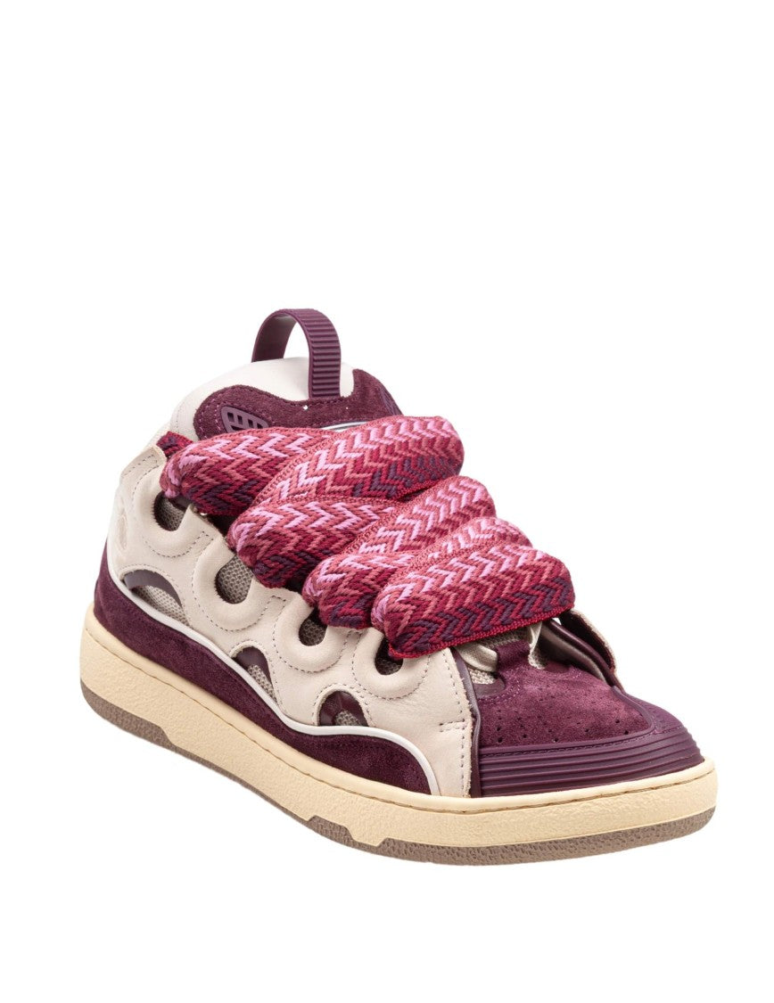 Lanvin Curb Leather And Fabric Sneakers In Beige And Burgundy
