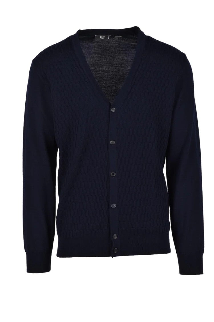 Fama Blue Merino Wool Cardigan