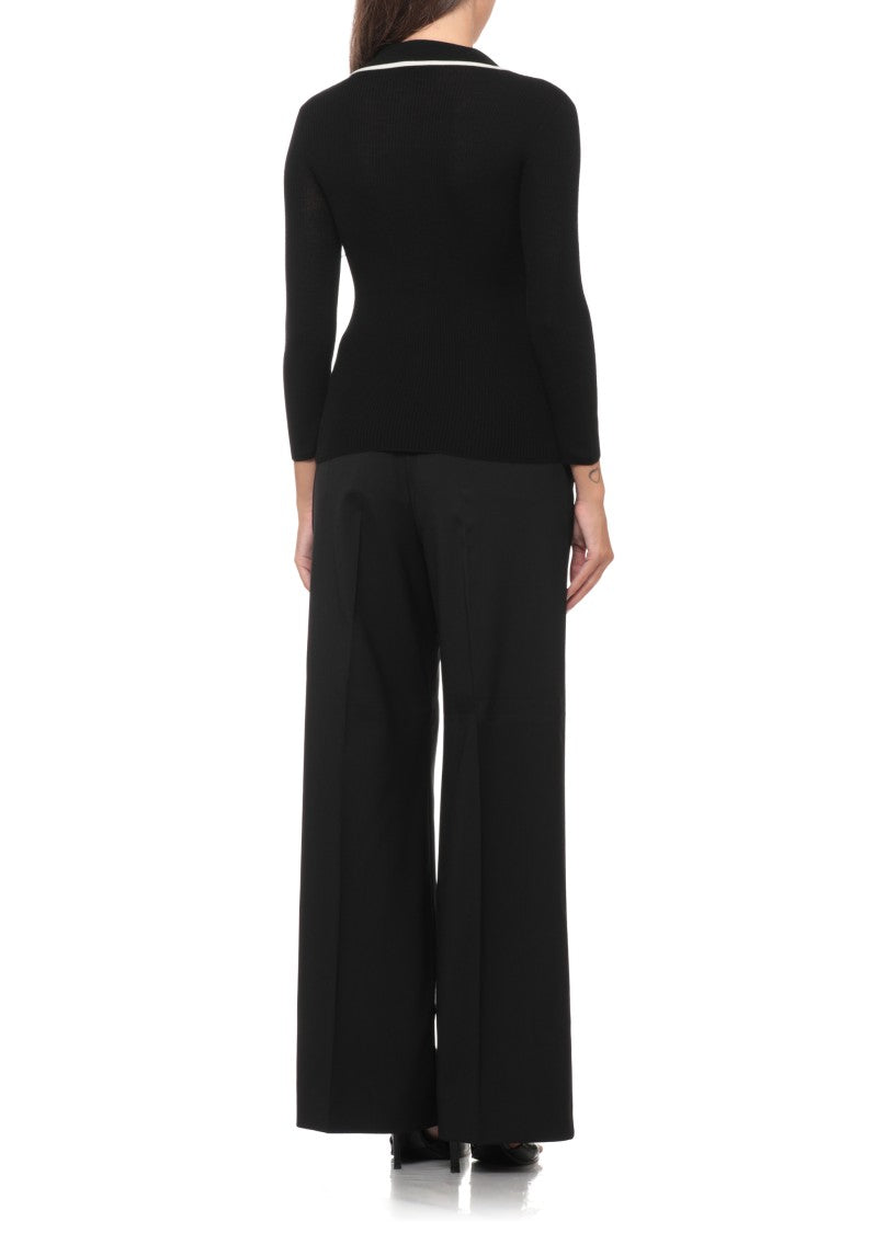 Elisabetta Franchi Ribbed Wool Sweater With Profile Collar And Gold Accents