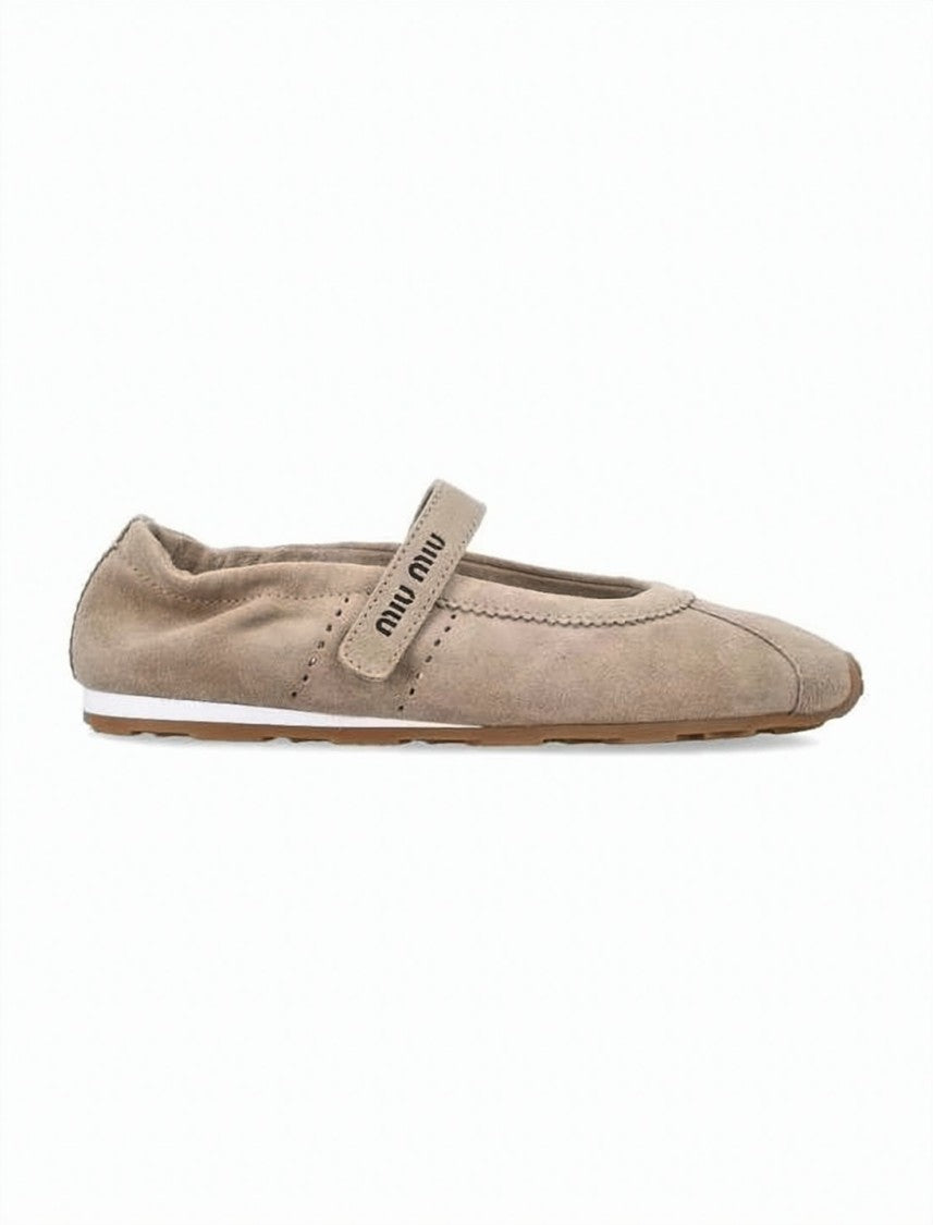 Miu Miu Suede Flat Shoes With Logo Embossed Strap