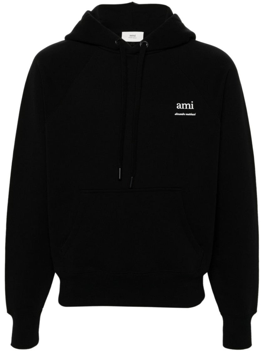 Ami Paris Classic Black Hoodie With Drawstring And Kangaroo Pocket