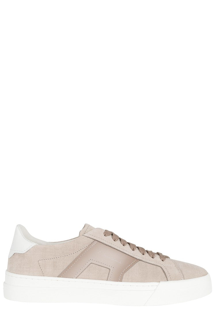 Santoni Beige Gloria Tumbled Leather Rubber Sole Leather Sneakers