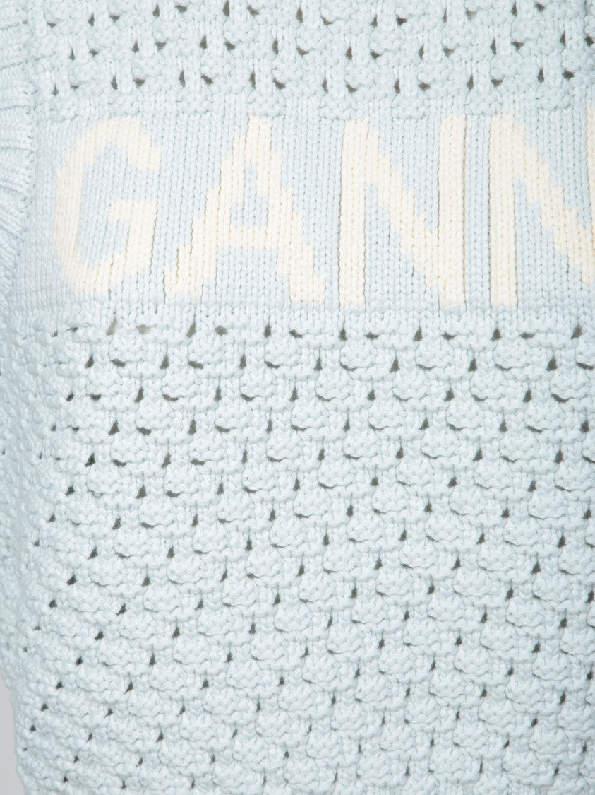 Ganni Pointelle Sleeveless Top With Ribbed Finishes