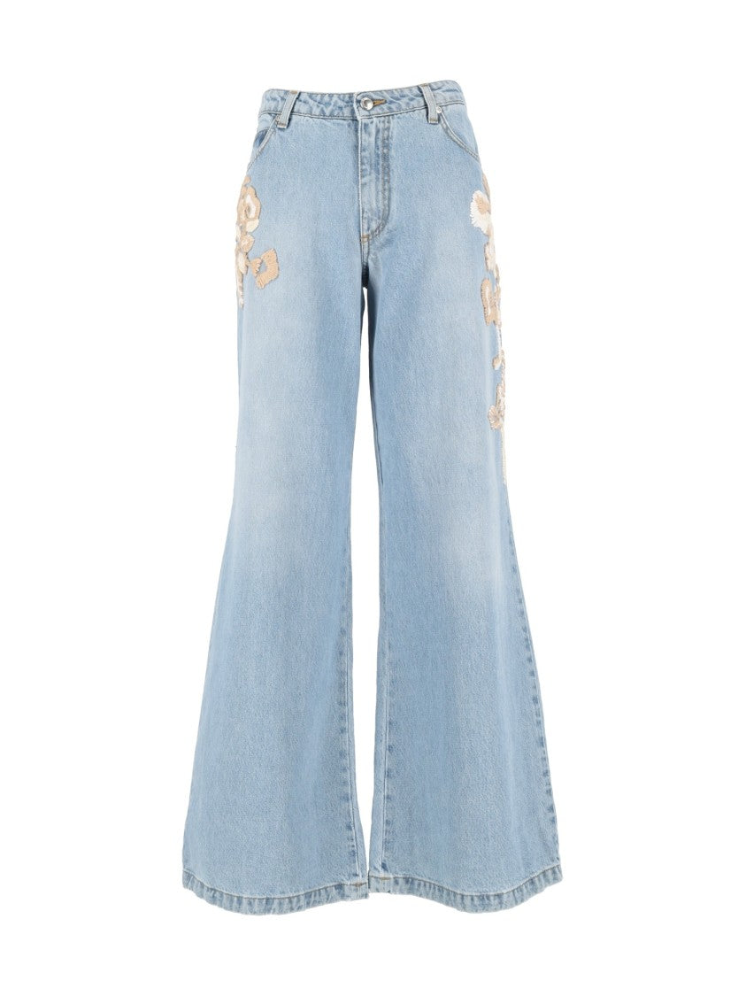 Ermanno Scervino Light Blue Floral-Embroidered Wide-Leg Jeans
