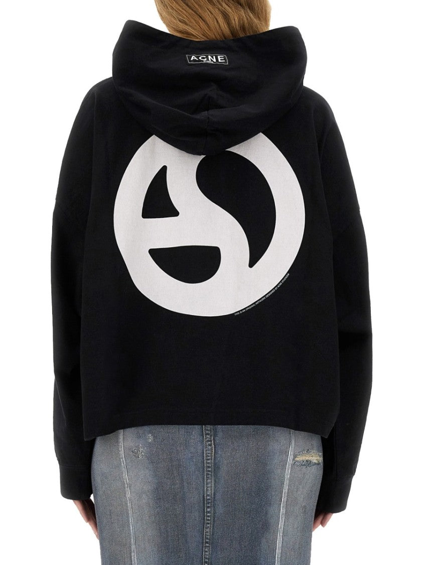 Acne Studios Cropped Boxy Hoodie With Drawstring And Graphic Accent