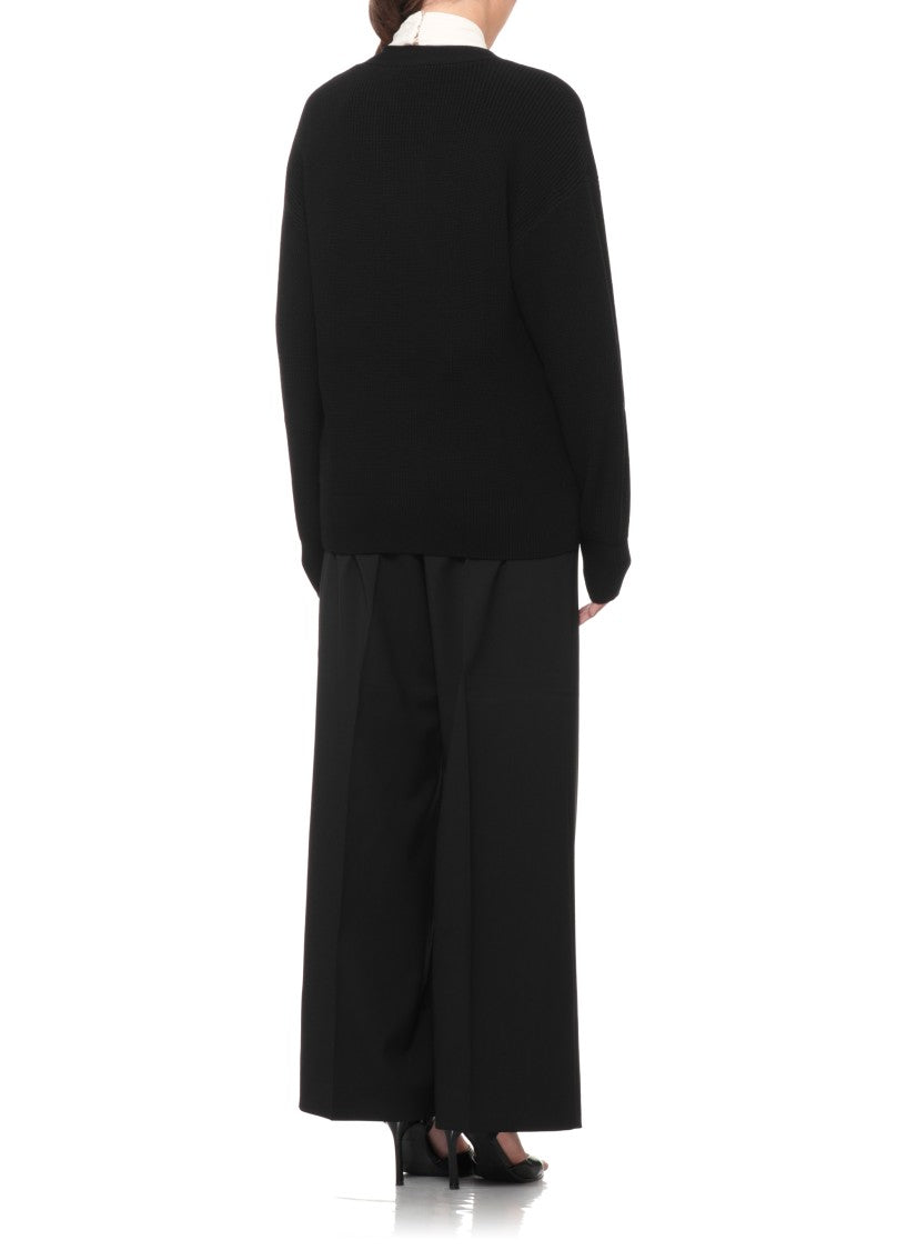 Elisabetta Franchi Ribbed Black Sweater With Gold T-Closure And Cropped Fit