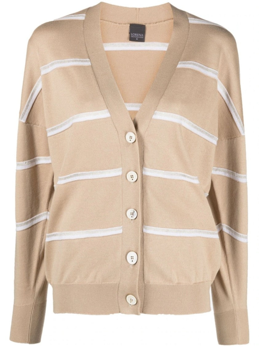 Lorena Antoniazzi White V-Neck Striped Cotton-Blend Cardigan