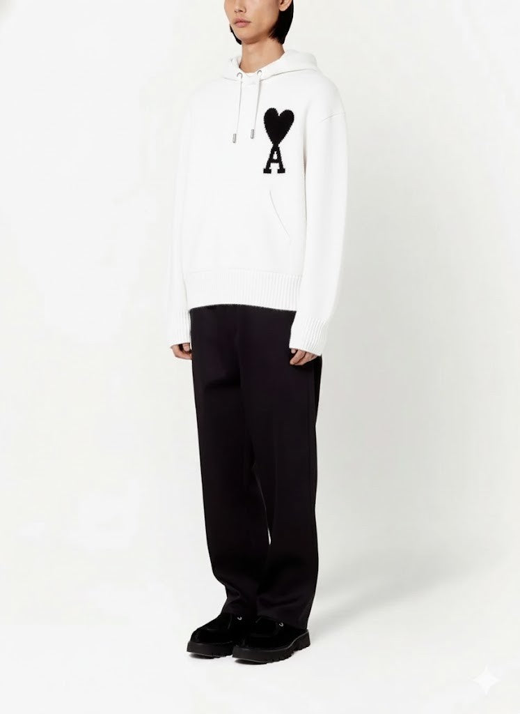 Ami Paris Wool Knit Hoodie With Signature Heart Logo