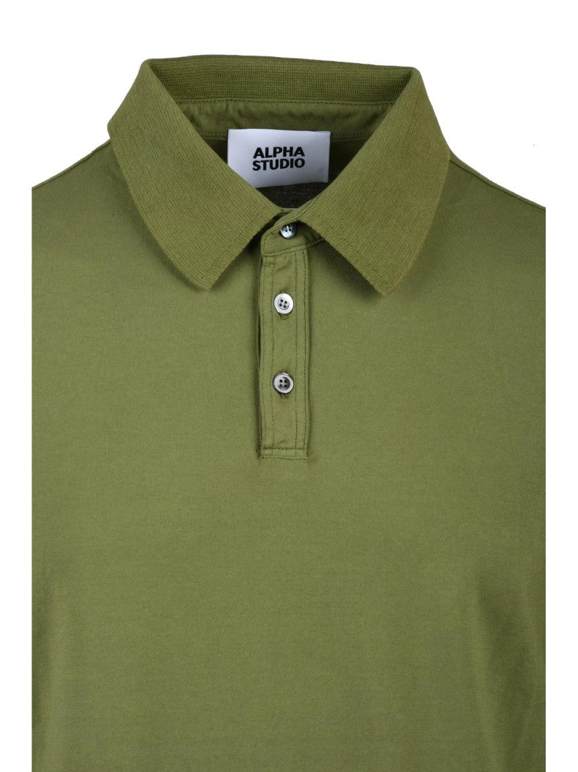 Alpha Studio Military Green Cotton Elastane Stretch Polo Shirt