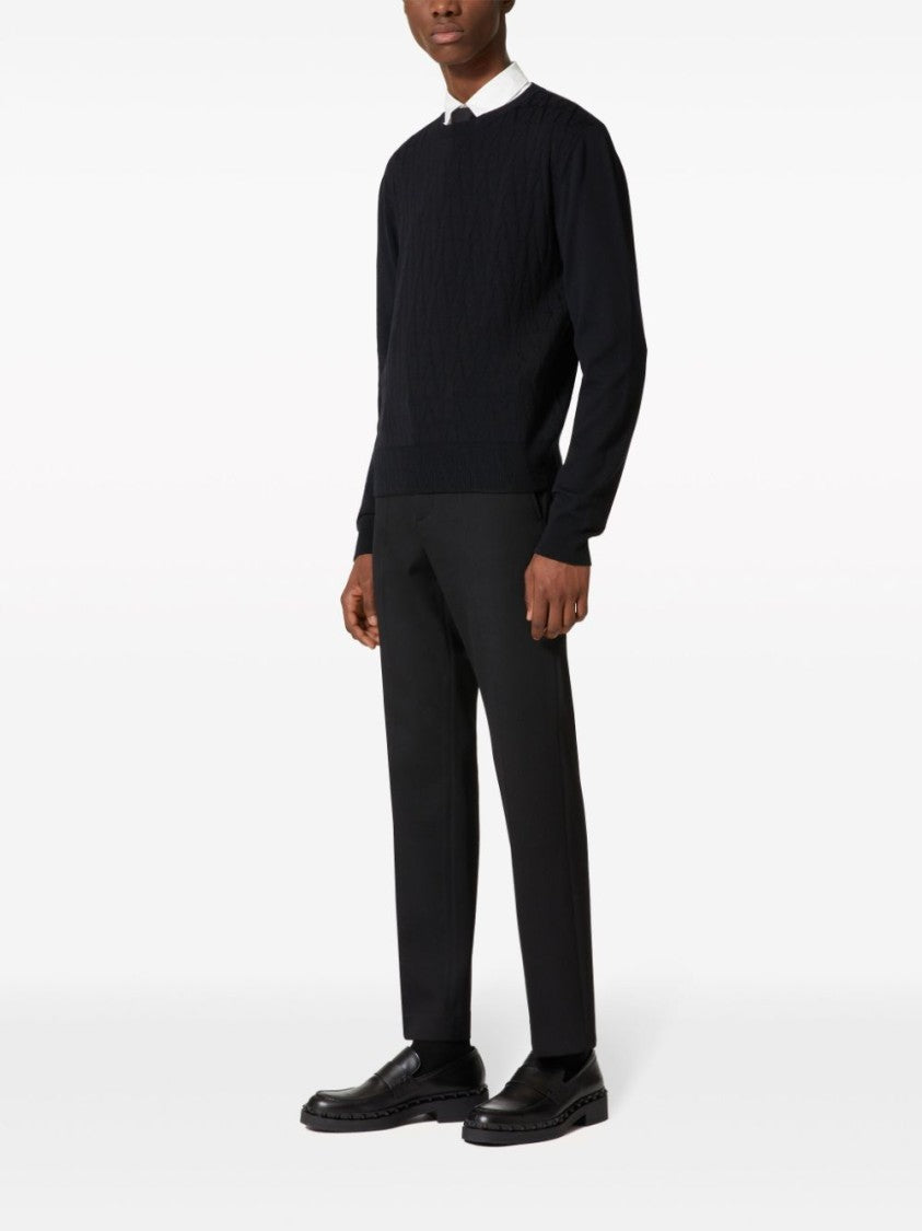 Valentino Garavani Monogram Jacquard Crew Neck Sweater In Black Virgin Wool